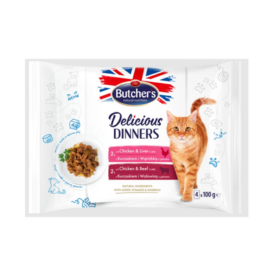 Butcher's Cat Delicious Dinners Chicken w/Liver & Chicken w/Beef 4x100g