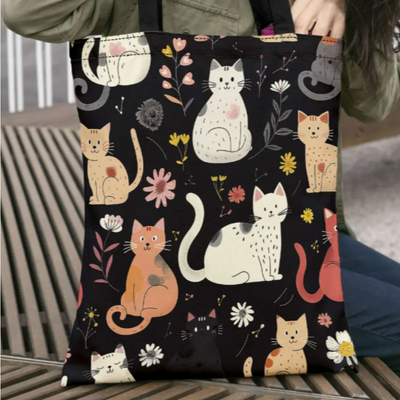Cute Cat & Floral Canvas Tote Bag